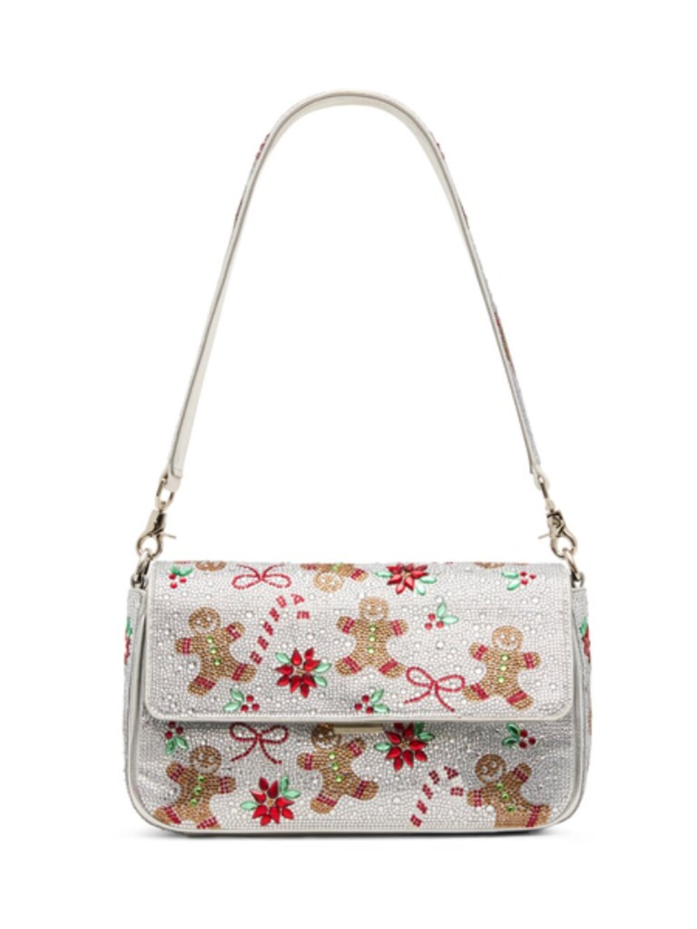 Betsey Johnson Kitsch Gingerbread Rhinestone Flap Shoulder Bag Silver Holiday